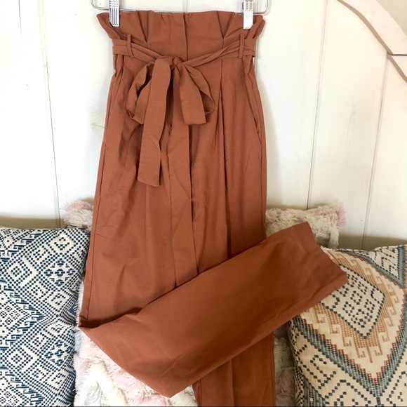 New! Skinny High Waist Paper Bag Pants in Copper - Picture 8 of 16